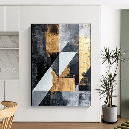 Dark Gray, Gold, Light Gray, White with Angular Shapes "Dynamic Geometry" Abstract Painting On Canvas HB013