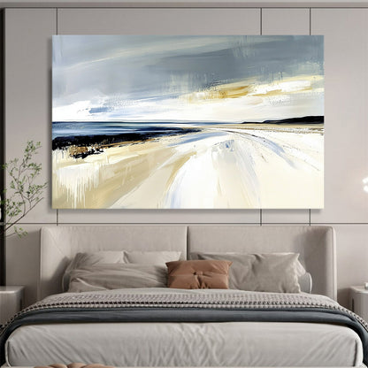 “Dynamic Beach Drips” - Gray, Blue, Beige, Abstract Dripping Beachscape Painting On Canvas HB1073
