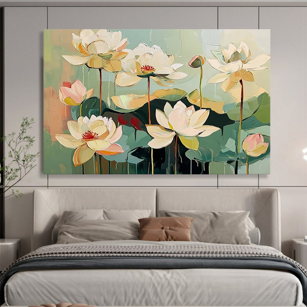 “Textured White Lotus Flowers” - White, Green, Pink, Layered Lotus Blooms - Impasto Acrylic Painting HB1651