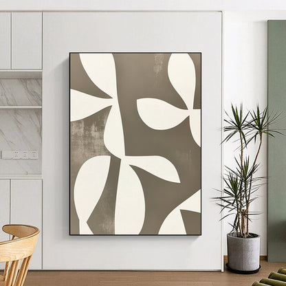 Contemporary abstract artwork featuring minimalist shapes and overlapping floral forms in white on grey, echoing Matisse’s style with defined edges. DLZ1648