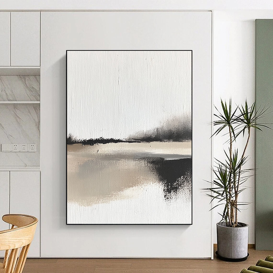 Contemporary abstract painting showcases impasto technique with bold brush strokes depicting a serene landscape and body of water in neutral tones. DLZ1349