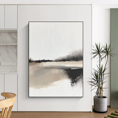 Contemporary abstract painting showcases impasto technique with bold brush strokes depicting a serene landscape and body of water in neutral tones. DLZ1349