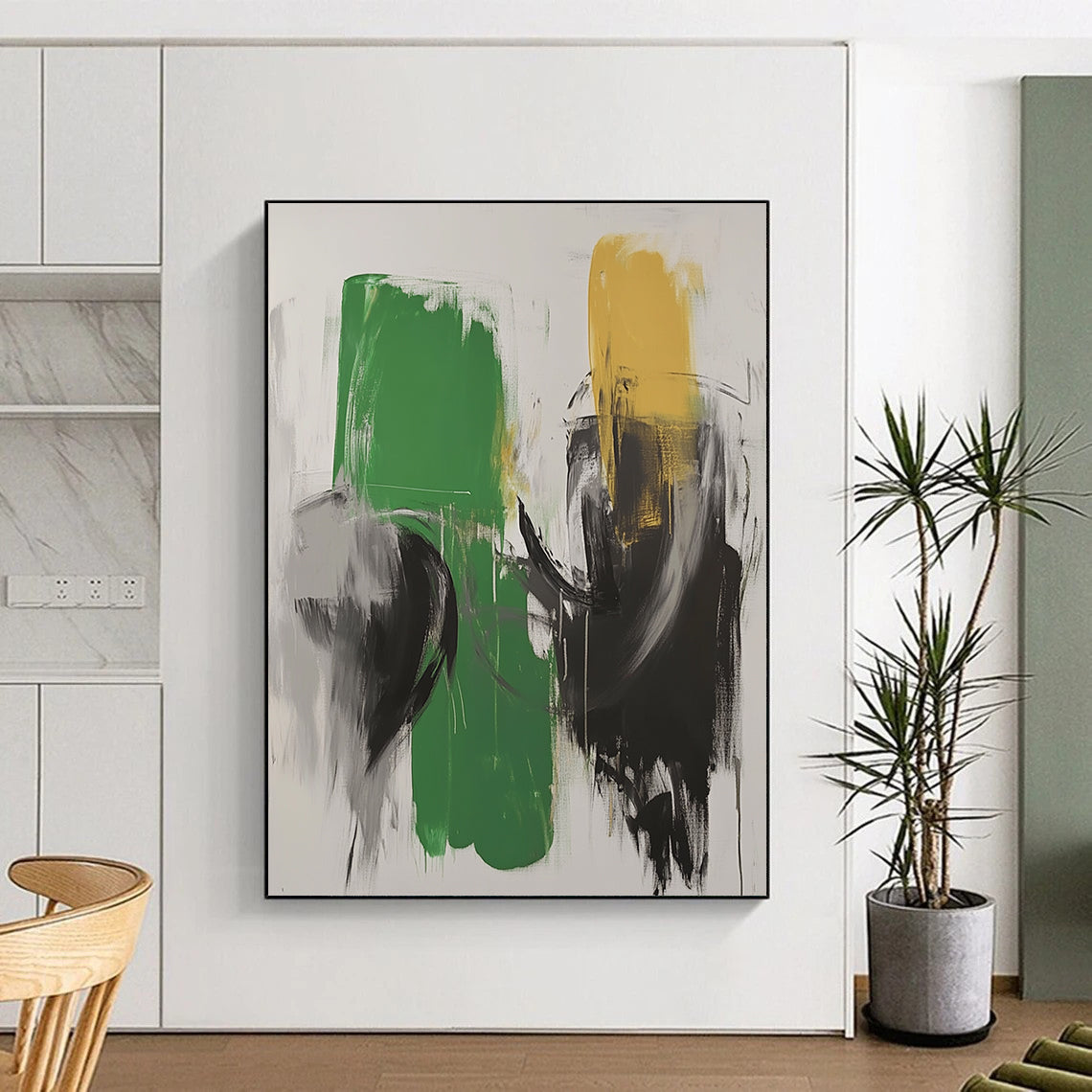 Large contemporary hand-painted abstract artwork featuring green and white tones with black strokes and blurred robot forms in dark gray. DLZ0523