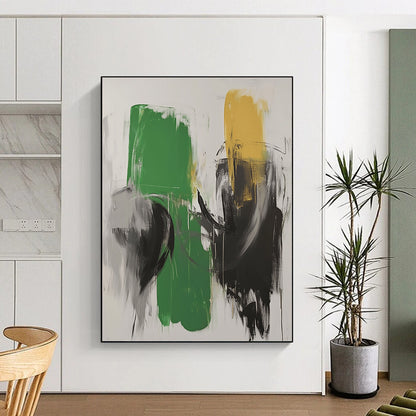 Large contemporary hand-painted abstract artwork featuring green and white tones with black strokes and blurred robot forms in dark gray. DLZ0523