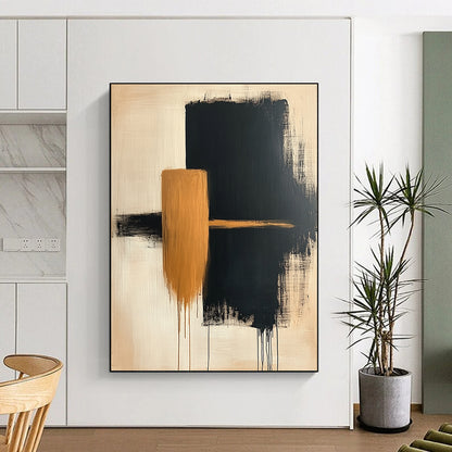 Contemporary hand-painted abstract artwork featuring simple beige and black shapes on canvas with a textured finish. DLZ0533