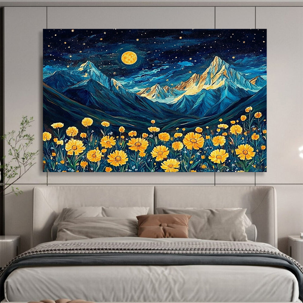 “Moonlit Mountain Flowers” - Blue, Yellow, Mountain & Floral Oil Painting On Canvas HB0718