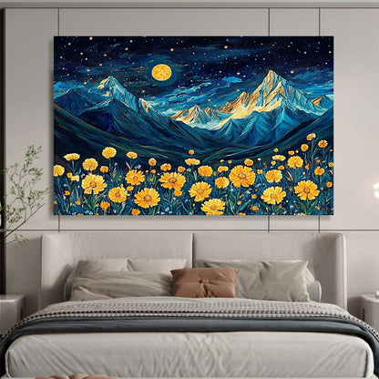“Moonlit Mountain Flowers” - Blue, Yellow, Mountain & Floral Oil Painting On Canvas HB0718