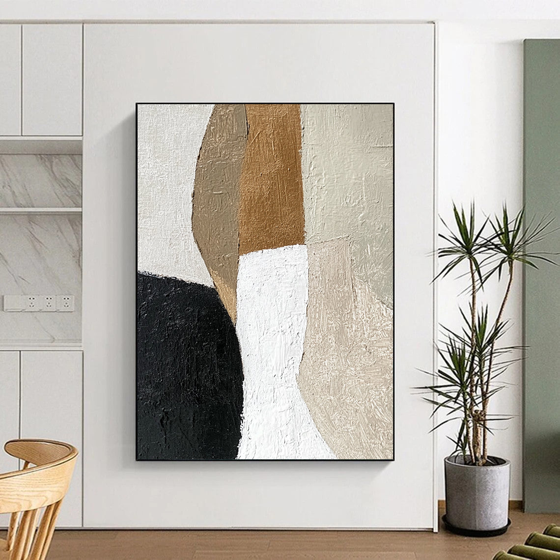 Contemporary hand-painted abstract artwork featuring a detailed leg and foot profile in textured neutral colors with bold brush strokes. DLZ0970