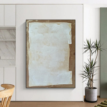 Contemporary abstract painting featuring white rectangular foam against a brown background inspired by Zdzisław Beksiński and Agnes Martin. DLZ1748