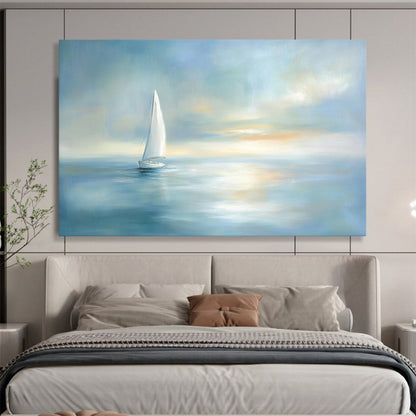 “Sailboat At Dusk” - Light Blue, White, Dreamy Sailboat Painting On Canvas HB0702