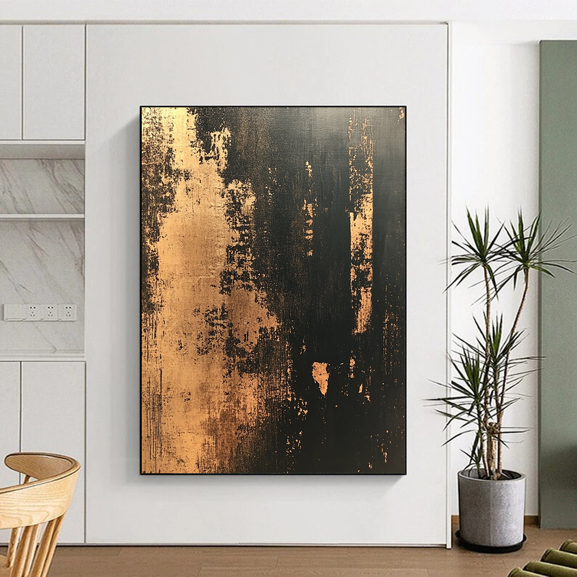 Contemporary hand-painted abstract artwork featuring distressed textured wallpaper in dark tones with gold accents creating a vintage modern aesthetic. DLZ1437
