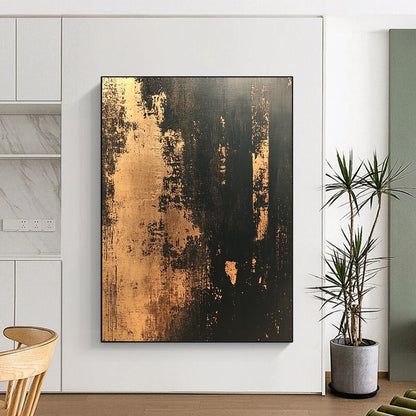 Contemporary hand-painted abstract artwork featuring distressed textured wallpaper in dark tones with gold accents creating a vintage modern aesthetic. DLZ1437