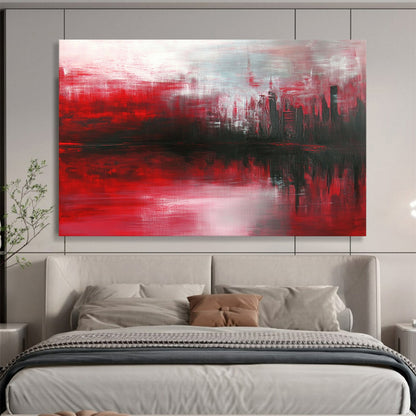 “Red Cityscape Reflection” - Red, Gray, Black - Abstract City Reflection - Oil Painting HB1298