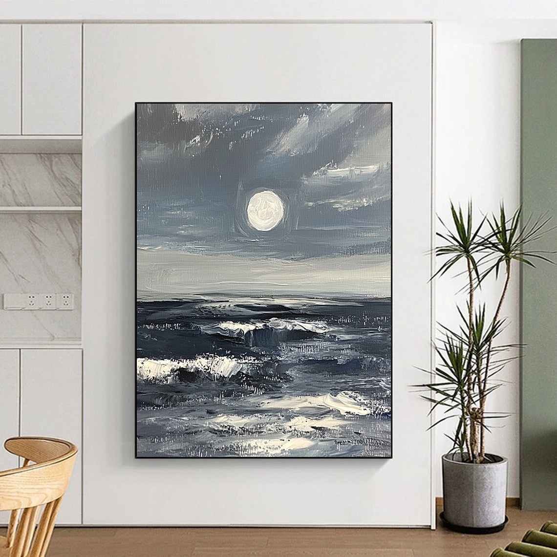 Large contemporary abstract artwork featuring a minimalist moonrise over a stormy ocean in gray and white with thick impasto brush strokes. DLZ1110