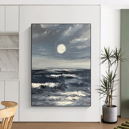 Large contemporary abstract artwork featuring a minimalist moonrise over a stormy ocean in gray and white with thick impasto brush strokes. DLZ1110