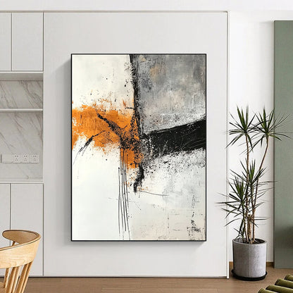 Contemporary abstract artwork featuring textured layers in gray and amber tones with rust orange highlights on a white canvas and expressive black ink lines. DLZ0274
