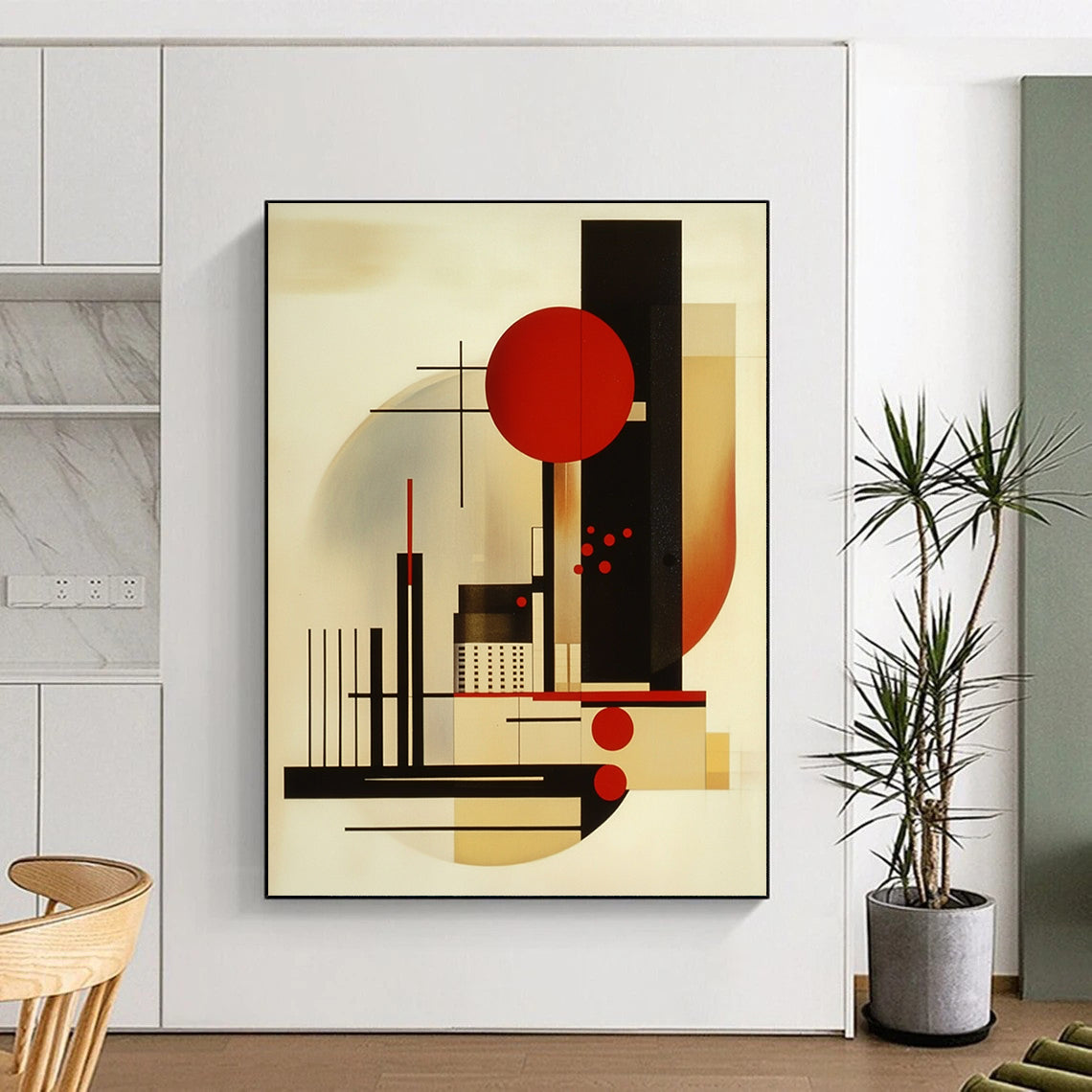 Contemporary hand-painted abstract art featuring geometric shapes primary colors black lines and red dots balanced composition with an abstract cityscape and figures. DLZ1419