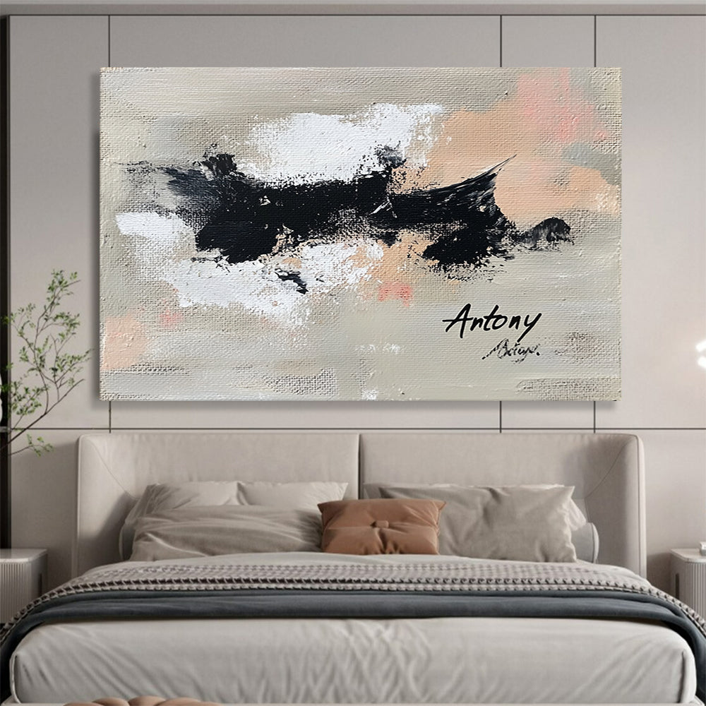 “Abstract Black Splatters” - Black, white, beige, pink, Abstract Expressionist Painting HB0621