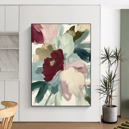 Contemporary abstract painting featuring loose brush strokes and muted colors depicting close-up flowers in reds and greens on a white background. DLZ0382