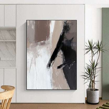 Large contemporary abstract painting featuring beige and white tones with black brush strokes on oil wood panel ideal for modern decor. DLZ0698
