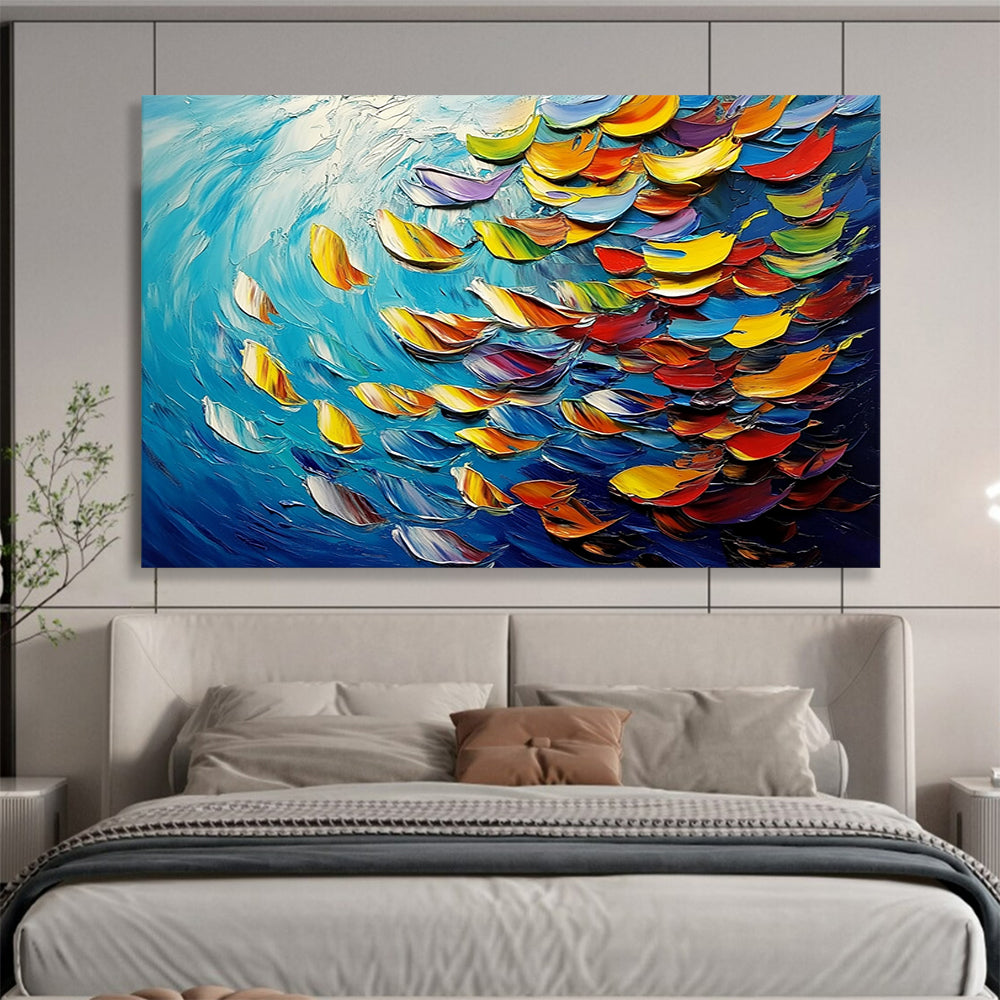 “Colorful Fish in 3D Waves” - Blue, Colorful Fish Shapes, Textured 3D - like Marine Painting On Canvas HB1096