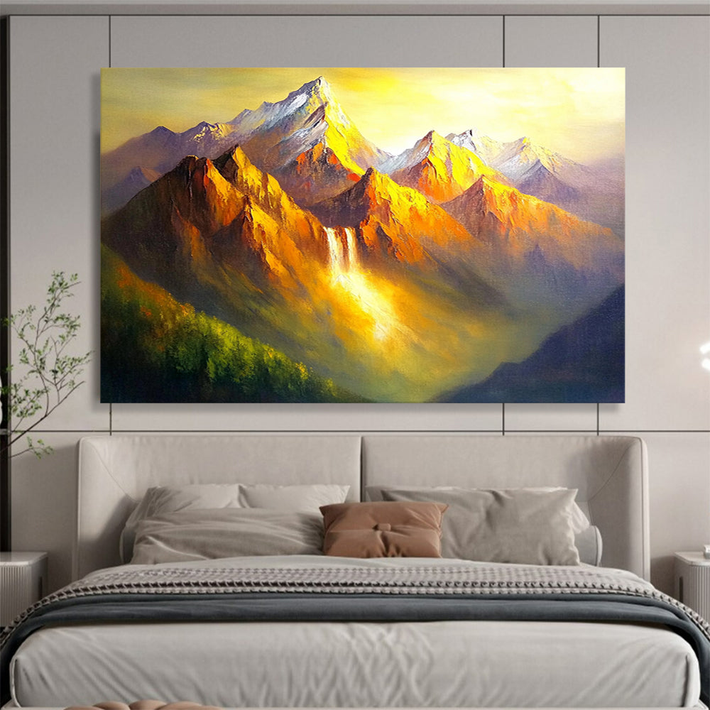 “Golden Mountain Waterfall” - Oranges, Yellows, Greens, Mountain with Waterfall in Golden Light - Dramatic Oil Painting HB1712