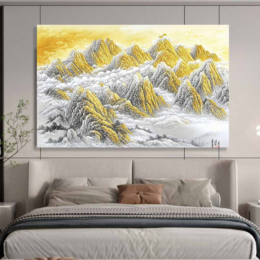 “Golden Mountain Peaks in Clouds” - Gold, White, Gray, Majestic Mountain Scene - Chinese Ink Painting HB1648