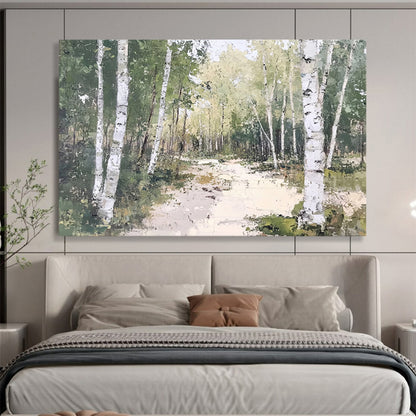 “Birch Forest Path” - Greens, Whites, Earthy Browns, Forest Path - Oil Painting HB1619