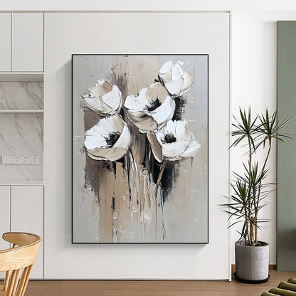 Contemporary abstract painting featuring white flowers with minimal detail in oil strokes on a grey background perfect for modern decor. DLZ0671