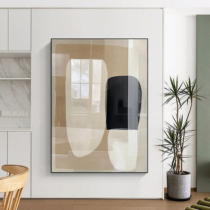 Contemporary abstract painting featuring large beige and white shapes with negative space and a central black form reflecting windows on a glass surface. DLZ1631