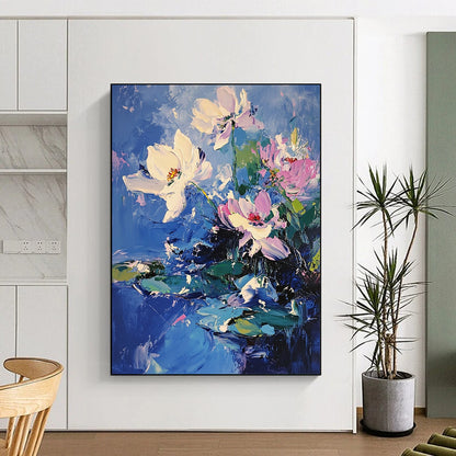 Contemporary abstract painting featuring bold brushstrokes and vibrant lotus flowers with pink accents on blue water, creating depth and movement through light and shadow. DLZ0377