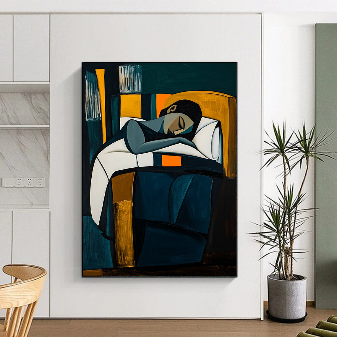Contemporary abstract painting featuring a woman in bed with dark blue and white tones geometric shapes and vibrant orange elements against a dark green background. DLZ1525