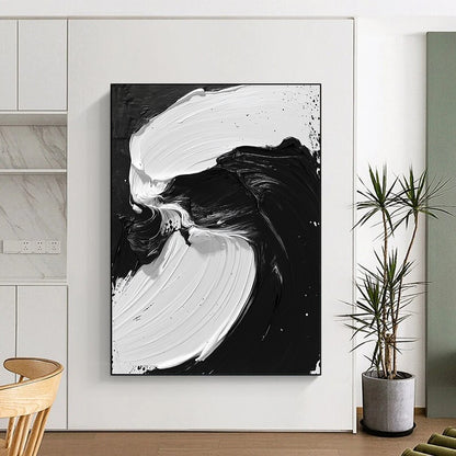 Contemporary hand-painted abstract artwork features flowing black and white oil paint, evoking powerful sea waves and mythical creatures. DLZ1549