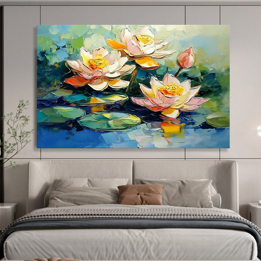 “Impasto Lotus Blossoms” - Pink, White, Yellow, Green, Blue, Thick - textured Lotus Flowers on Water - Impasto Oil Painting HB1766
