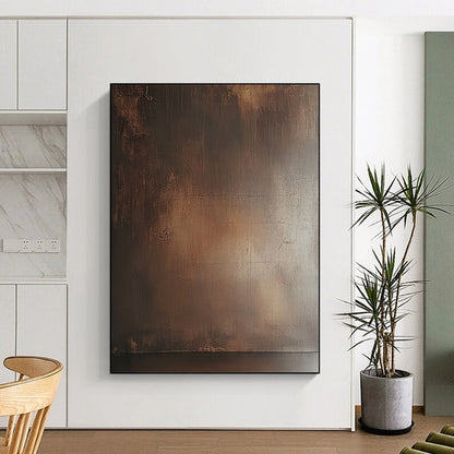 Contemporary abstract painting featuring a textured brown wall with subtle sheen and earthy tones enhancing a moody atmosphere. DLZ1690