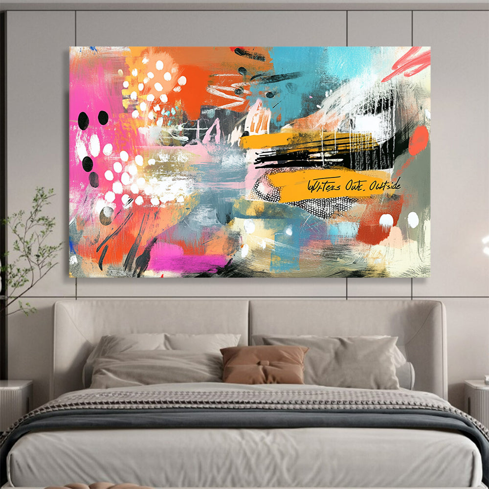 “Vibrant Abstract Collage” - Bold mix of pink, orange, blue with playful patterns, Contemporary Mixed - Media Painting On Canvas HB0539