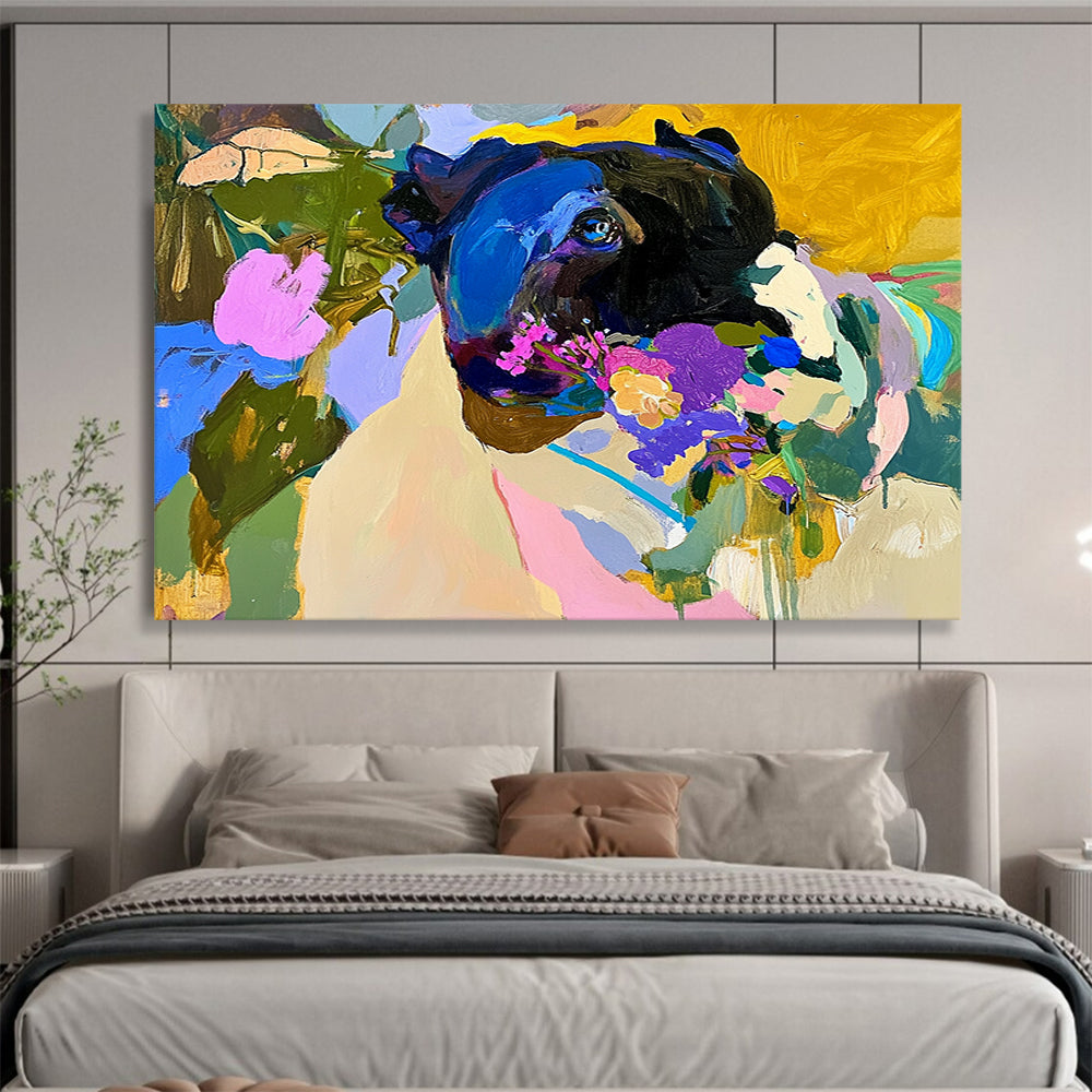 “Colorful Dog with Flowers” - Black dog, colorful flowers, vibrant background, Expressive Animal Painting On Canvas HB0600