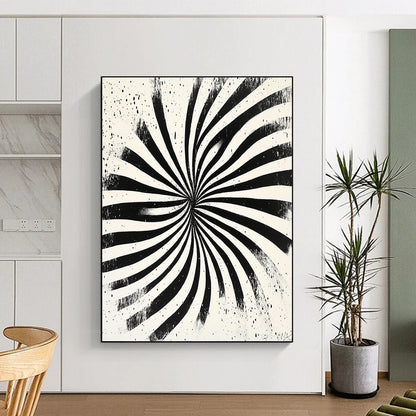 Black and White Radial Stripes "Optical Burst" Painting On Canvas HB283