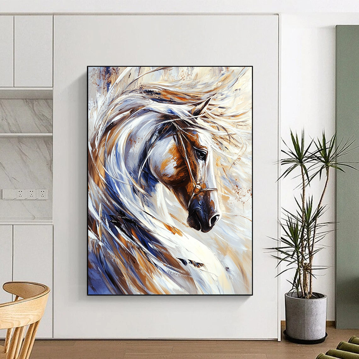 Contemporary abstract painting featuring a majestic white horse with flowing mane and dynamic brush strokes on a pristine background. DLZ1531