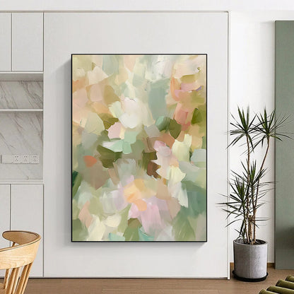Contemporary hand-painted abstract artwork featuring soft pastel tones and impressionist style evokes spring flowers with muted green and beige hues. DLZ0870