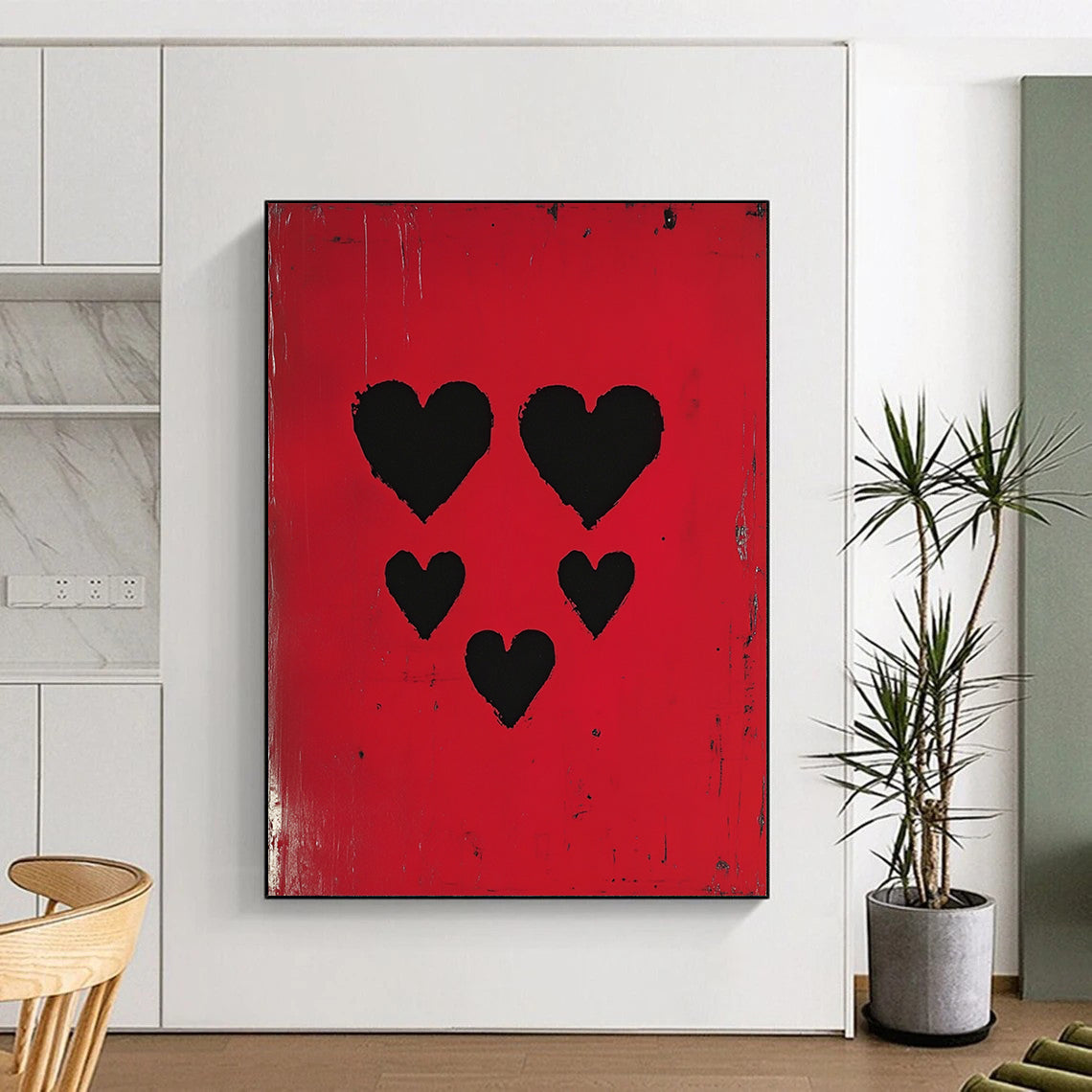 Contemporary abstract artwork featuring three black hearts against a vibrant red background, inspired by pop art and modern portraiture. DLZ1712
