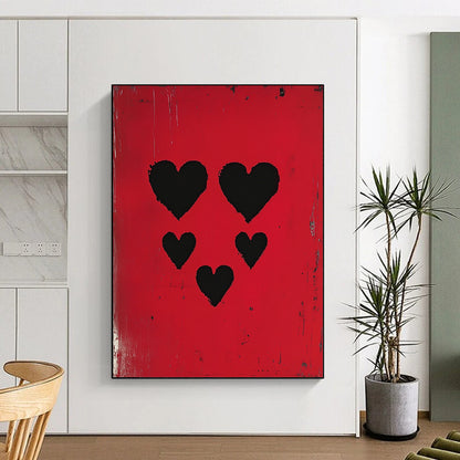 Contemporary abstract artwork featuring three black hearts against a vibrant red background, inspired by pop art and modern portraiture. DLZ1712