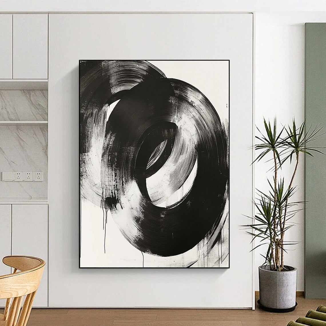 Black, White, Overlapping Circular Strokes "Ink Rings" Abstract Minimalist Painting On Canvas HB136