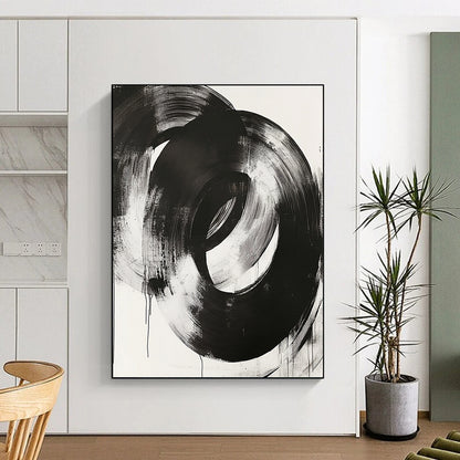 Black, White, Overlapping Circular Strokes "Ink Rings" Abstract Minimalist Painting On Canvas HB136