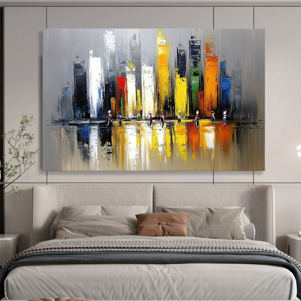 “Vibrant Cityscape with Figures” - Gray, Yellow, Red, Blue, Colorful Urban Scene - Impasto Acrylic Painting HB1669