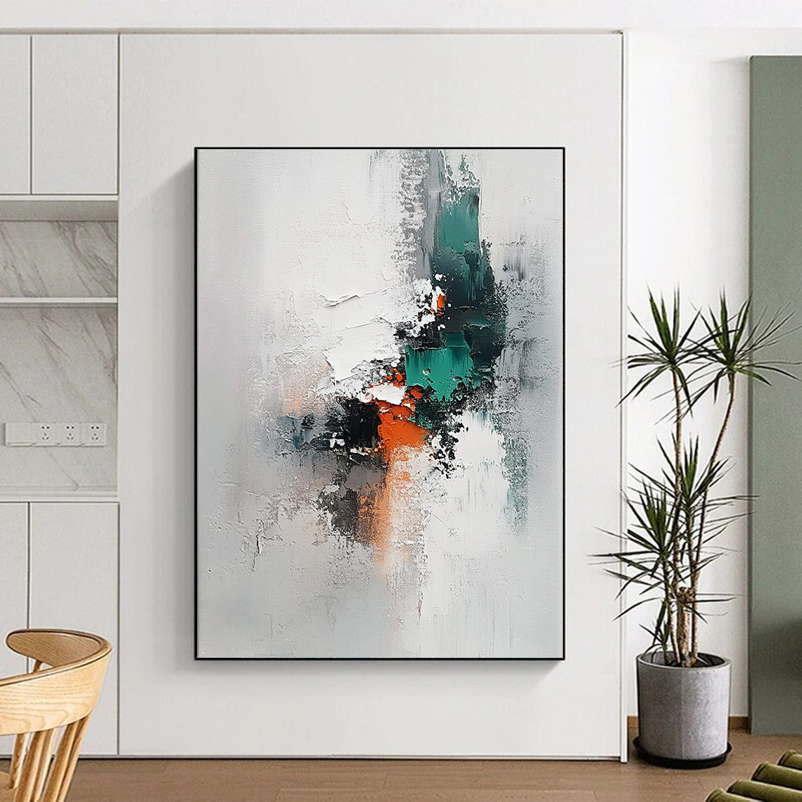 Contemporary hand-painted abstract art on canvas features thick brushstrokes in neutral tones with accents of grey teal and orange against a white background. DLZ1645