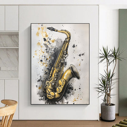 Contemporary hand-painted abstract artwork featuring an old saxophone in gold and silver hues against a soft gray background, creating striking contrast and depth. DLZ1507