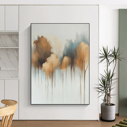 Contemporary abstract painting featuring soft watercolor trees on a white background with muted tones and dreamy light bronze and gray-blue floral accents. DLZ0662
