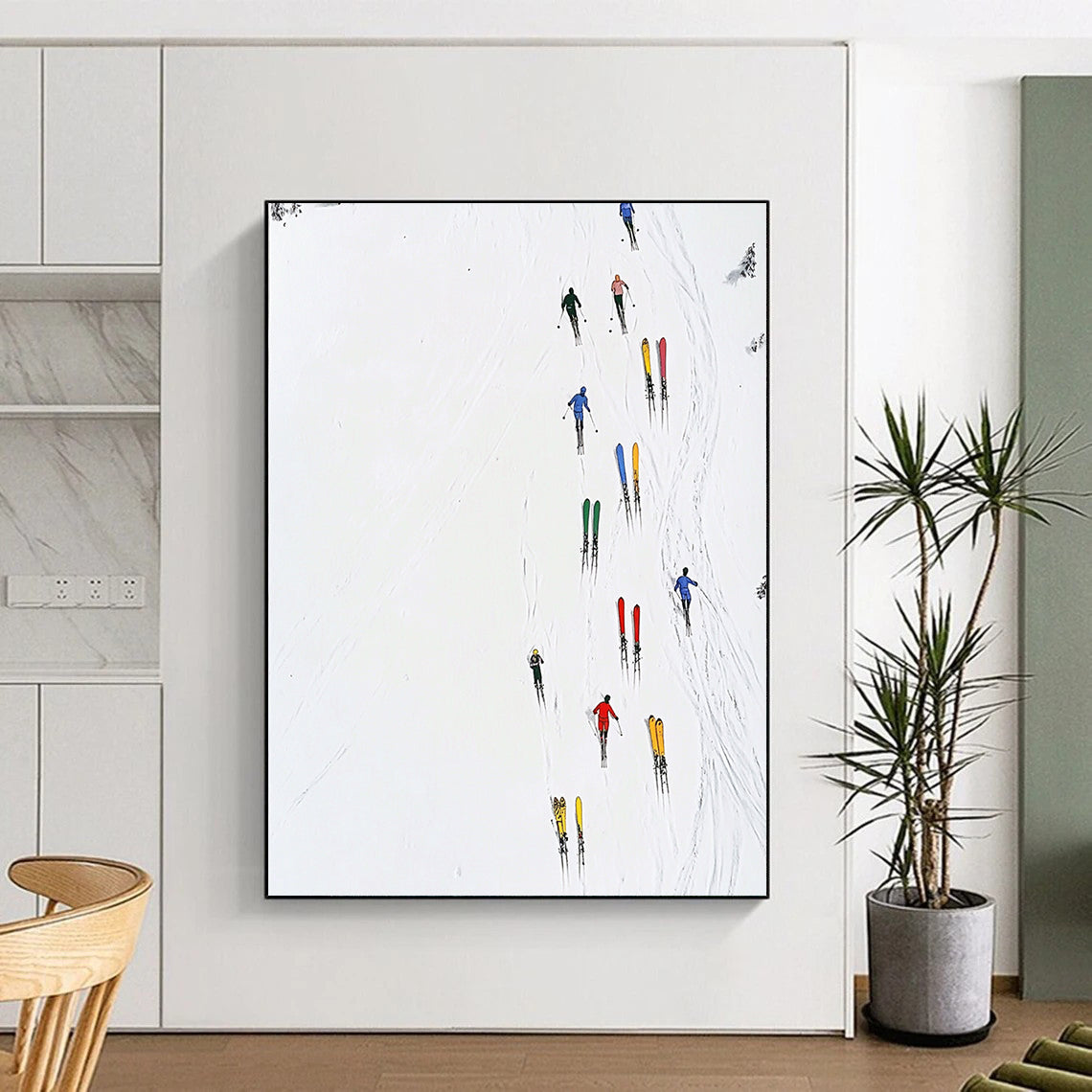 Contemporary abstract art featuring minimalist skiers, vibrant stacked skis, pure white background, and simple lines for a striking visual impact. DLZ1255