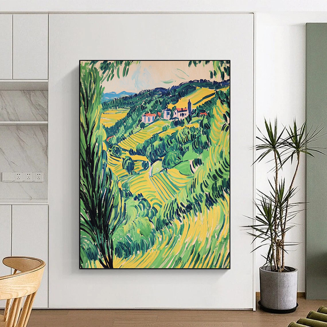 Contemporary hand-painted abstract artwork capturing a vibrant Valençay valley in green and yellow hues, showcasing a vintage style elegance. DLZ1692